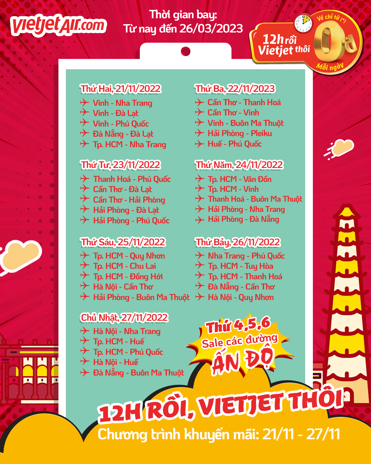 Khuyến mãi “12 giờ rồi Vietjet thôi! với nhiều hành trình 0 đồng hấp dẫn